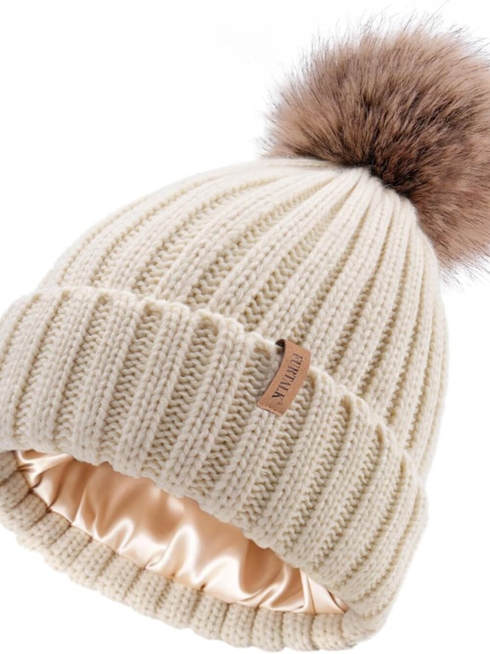Womens Winter Beanie Hat Satin Lined Faux Fur Pom Pom Beanies Hat for Women Wint